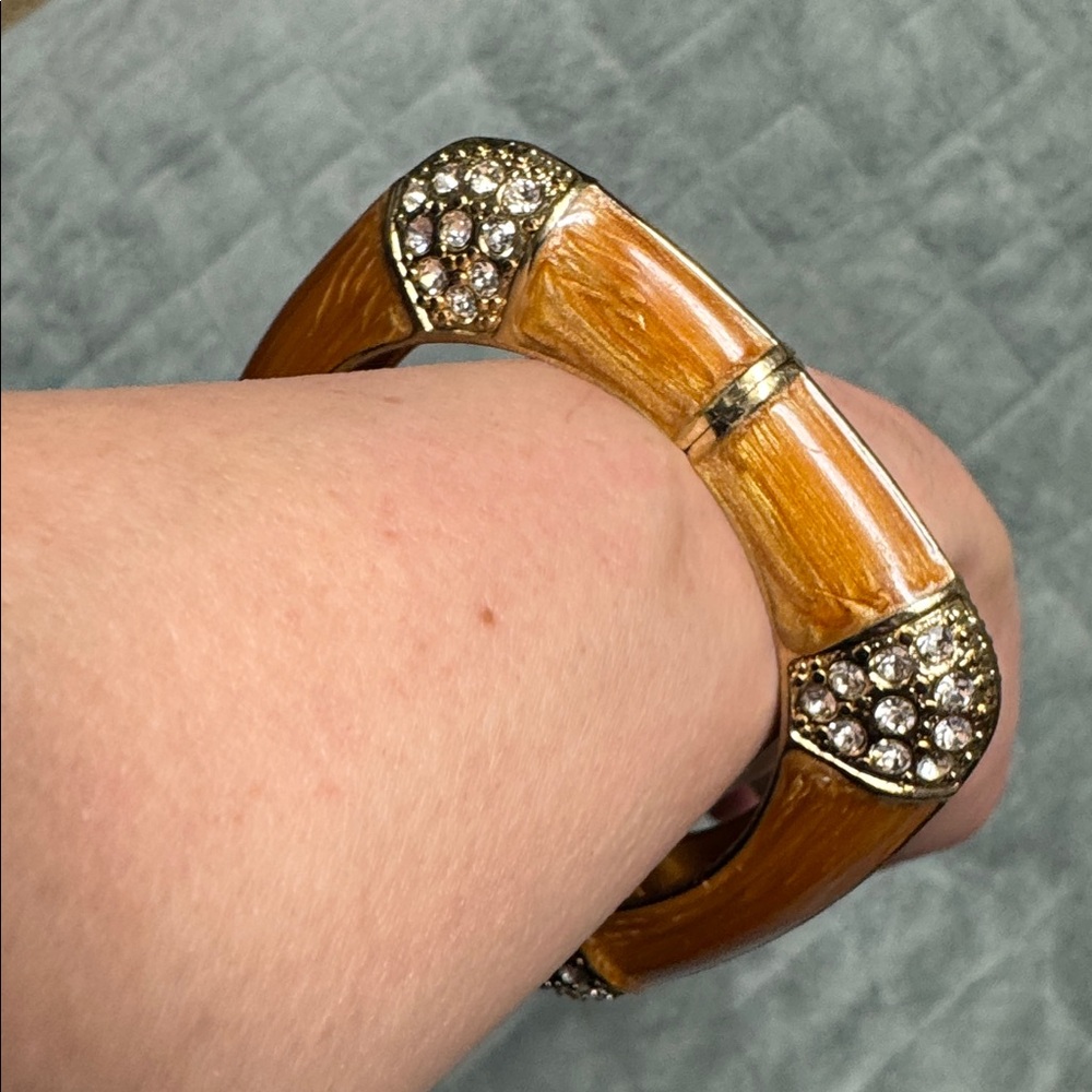 Vintage Metal Hinged Bracelet, CZ Diamonds, Wood Appearance, Enamel Square, Boho